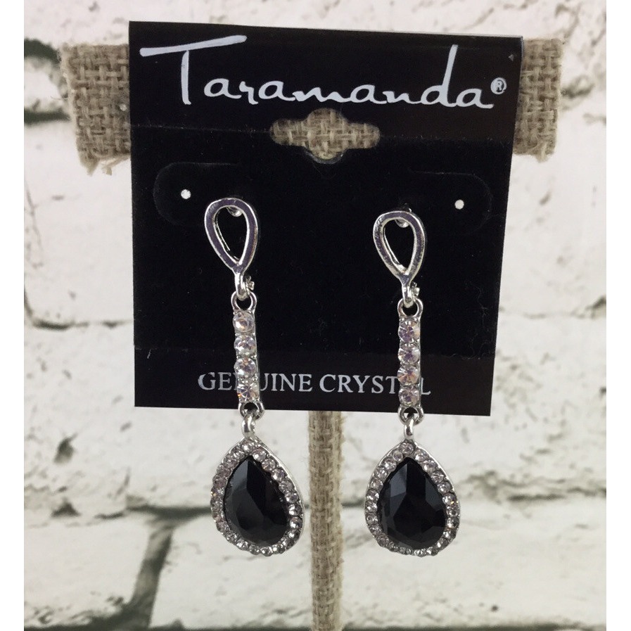 Taramanda Genuine Crystal Earrings Drop Dangle Black Silver Toned 15$